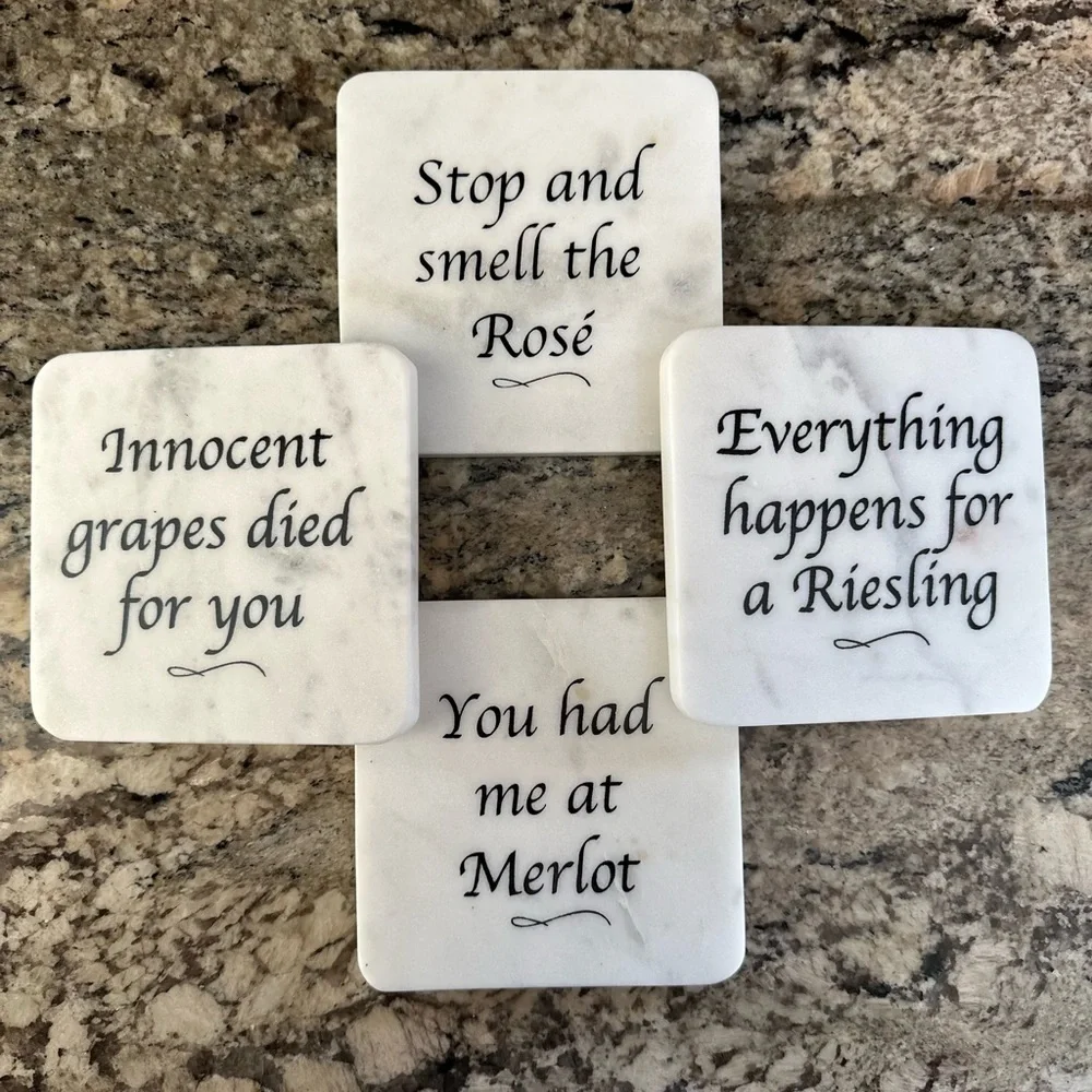 SOLID MARBEL COASTERS WINE lovers theme fun sayings nature stone set of 4 boxed